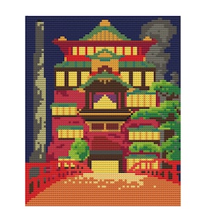 May include: A cross-stitch pattern of a multi-story building with a red roof and yellow trim. The building is surrounded by trees and a red bridge. The background is a dark blue sky with a chimney.