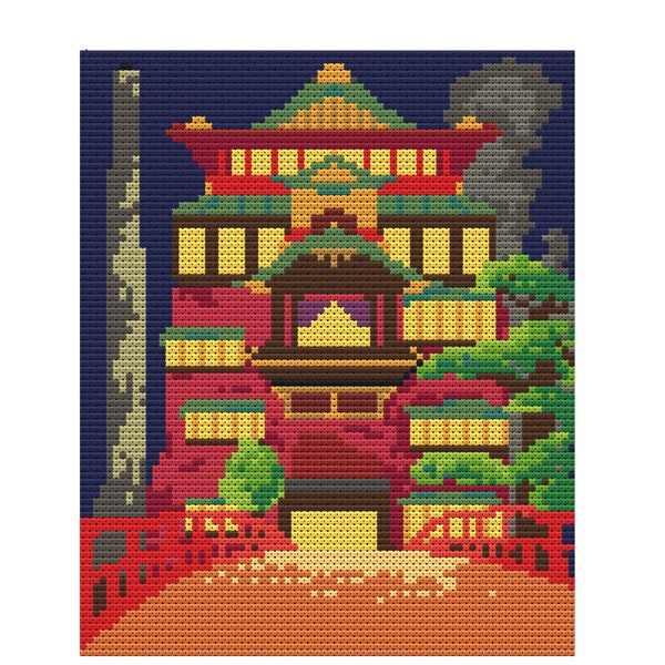 Night Time Bathhouse For The Spirits Anime Inspired Cross Stitch Pattern PDF Download