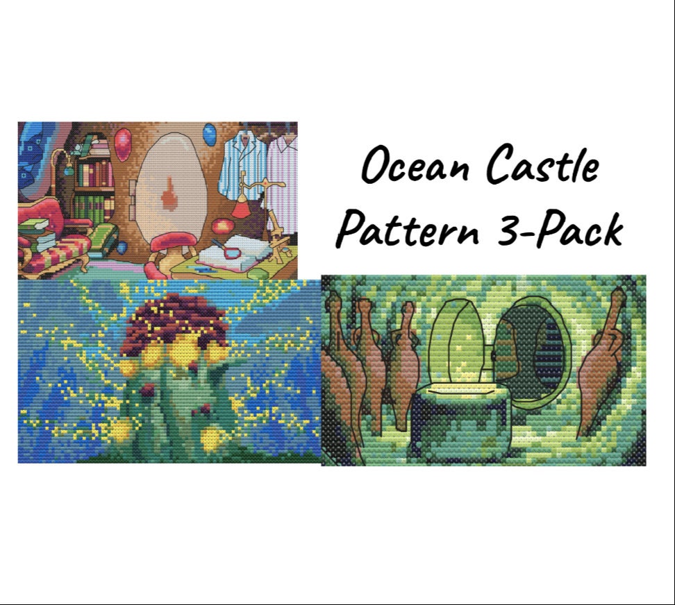 Ocean Castle 3-pack Fish Girl Anime geïnspireerd kruissteekpatroon PDF-download