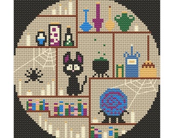 Black Cat Witchcraft Supply Closet Anime Inspired Wicca and Magic Cross Stitch PDF Pattern Download