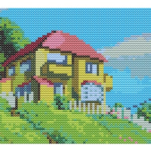 May include: A yellow house with a red roof sits on a green hill. The house has white windows and a white picket fence. There are green trees and bushes in the foreground. The sky is blue with white clouds.