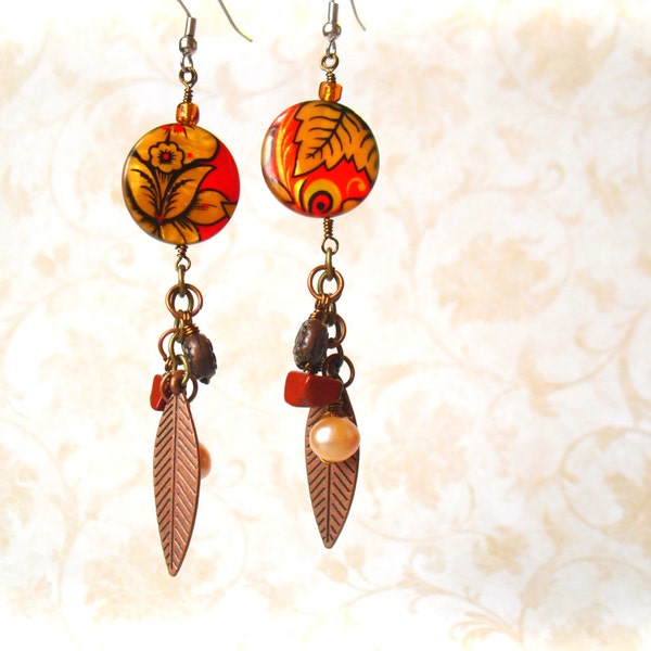 Orange Dangle Earrings, Orange Flower Jewelry, Flower Dangle Earrings, Boho Dangle Earrings, Boho Flower Jewerly, Orange Boho Earrings