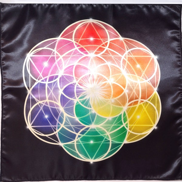 Altartuch oder Tarotmatte - Regenbogenblume des Lebens - auch Samen des Lebens oder Sternensaat oder Metatron genannt - Tuch, Tarotbeutel oder Tuch & Tasche Set