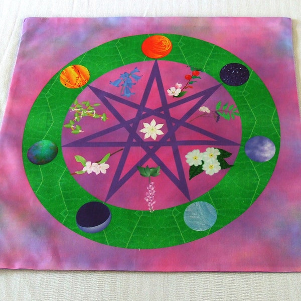 Altar Cloth or Tarot Mat - Faery Star with Flowers - Pagan Altar or Tarot Cloth, Drawstring bag or Cloth & Bag Set for Elf or Faery (Fairy)