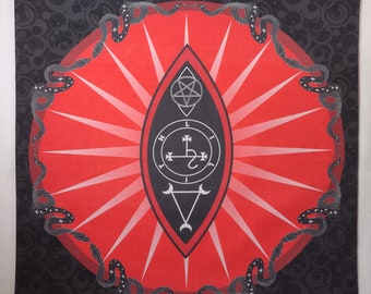 May include: A red and black tapestry with a pentagram, a snake, and other symbols. The tapestry is surrounded by a black border with a repeating pattern of circles.