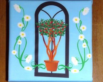 Obstbäume in Töpfen mit Blumen der Saison - Originales Design Druck auf Seidenmischung - 20x20cm gespannte Textilmalerei - Botanische Wanddekoration