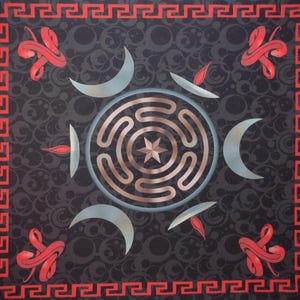 Hecate’s Wheel Altar Cloth, Hekate’s Shield Tarot Mat, Strophalos Moon Altar Cloth with Serpents Altar Mat. Matching Bag Available