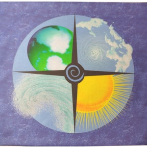 May include: A blue, green and yellow illustration of a compass with four sections. Each section depicts a different element: earth, water, air and fire.