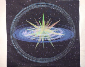 Galaxy Star Altar Cloth or Tarot Mat - Celestial Starburst & Orbit Ring Tapestry - Pagan Wiccan Star Portal Decor