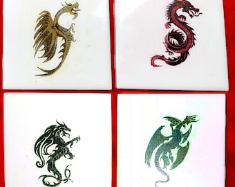 Lasergeätzte Fliesen - Handgetöntes Set Drachenset- Drachen der vier Winde auf Fliese geätzt und handkoloriert!