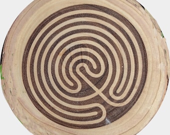 Unicursal Labyrinth Wood Slice Garden Stepping Stones - Original art etched on Wood for your Garden
