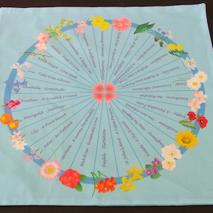 May include: A light blue square decorative pillow featuring a floral design. The design includes a circular arrangement of various flowers, each labeled with a name and associated meaning. The pillow is a decorative item.
