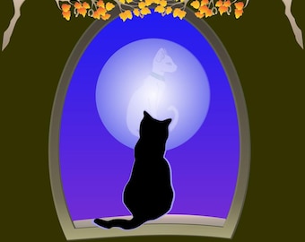 May include: A black cat sits in a window looking at a white cat silhouette in a full moon.