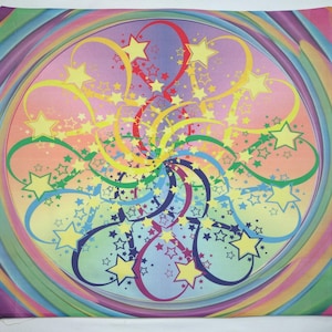 May include: A square cushion cover featuring a vibrant, circular mandala-style design. The pattern consists of swirling ribbons in rainbow colours, accented with numerous yellow stars and smaller star outlines against a soft gradient background.
