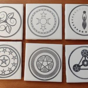 Laser Etched Altar Tiles - Wiccan and Pagan Symbols on Ceramic Tile - Traditional witch symbols ready for your altar or used as a decor item