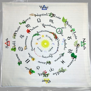 Altar Cloth or Tarot Mat - Walking the Wheel of The Year in Ivory with Elements- Pagan or Wicca Altar or Tarot Cloth
