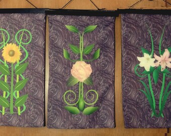 Wandbehang oder Wandbehang - Botanischer Druck - Set 1 - Tose, Lilien und Sonnenblume