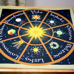 Altar Cloth or Tarot Mat - Wheel of The Year with Symbols  -  Pagan or Wicca Altar or Tarot Cloth, Drawstring bag or Cloth and Bag Set