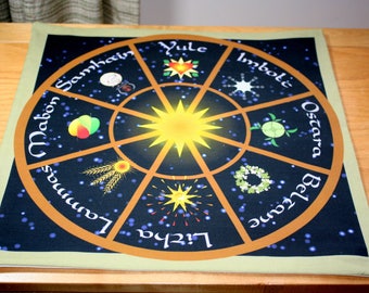 Altar Cloth or Tarot Mat - Wheel of The Year with Symbols  -  Pagan or Wicca Altar or Tarot Cloth, Drawstring bag or Cloth and Bag Set
