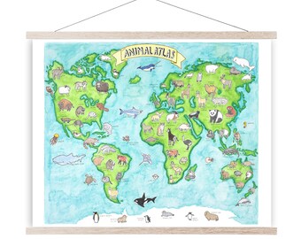 Animal Atlas Print (art 11x14 - baby shower gift - nursery decor - kids wall art - animal map - animal print - animal art - nursery art)