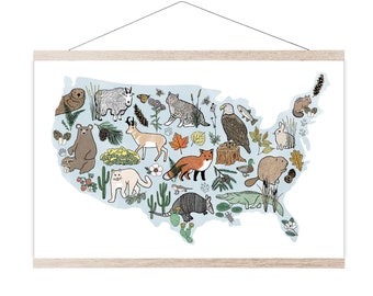 Flora + Fauna of the USA Print (map art - baby shower gift - kids wall art - animal map - animal print - animal art - nursery art)