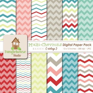 Multi Color Chevron Digital Paper Pack Instant Download Digital Scrapbooking Basics Vintage Style