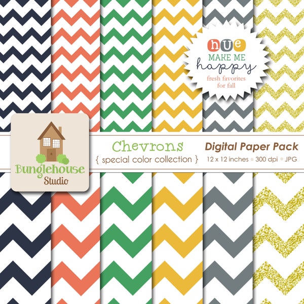 Chevron Digital Papers | Fall Favorites Special Color Collection | HUE Make Me Happy | Navy Coral Kelly Green Yellow Gray Gold Papers