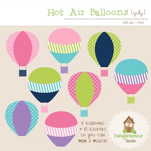 Hot Air Balloons Clip Art Set | Hot Air Balloon Clipart Graphics | Instant Download | Up Up and Away | Pink, Lime, Navy, Turquoise Balloons