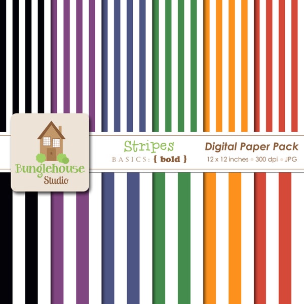 Black, Orange, Red, Green, Blue and Purple Stripes Digital Paper Pack