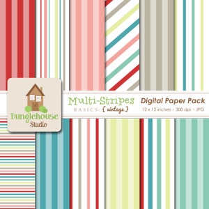 Multi Colored Stripe Digital Papers | Instant Download | Vintage Color Striped Paper Pack