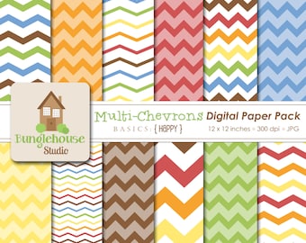 Chevron Digital Papers | Chevron Backgrounds | Multi Color Zig Zag Patterns | 12 x 12 Digital Scrapbooking Basics | Primary Color Chevrons