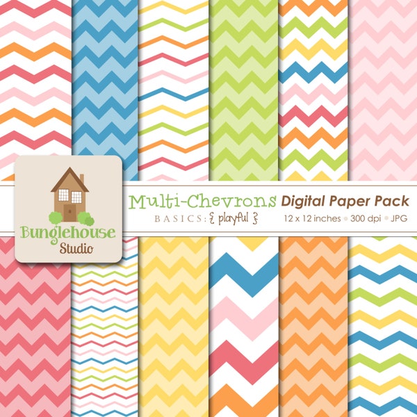 Multi Color Chevron Digital Paper Pack |  Pink Blue Yellow Zig Zag Stripe |  Digital Scrapbooking Paper