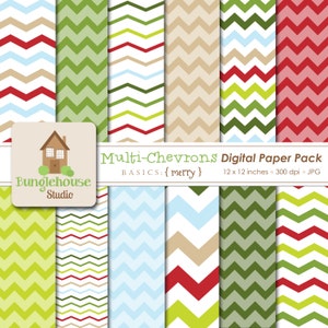 Multi Chevron Christmas Chevron Digital Paper Pack Holiday Red and Green Chevron Digital Scrapbooking Basics Merry Style