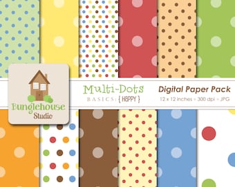 Polka Dot Digital Paper Pack | Instant Download | Multi Dots Digital Scrapbooking Basics | Primary Color Dots