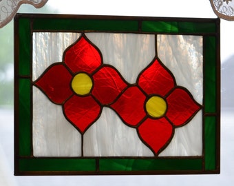 Stained Glass Panel Handmade Daisy / Poppy Abstract Flowers Red and green Christmas poinsettias- one of a kind!!!