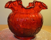 Pristine Fenton Olde Virginia Glass ruffled rim Vase in Ruby Cherry Red with molded flowers
