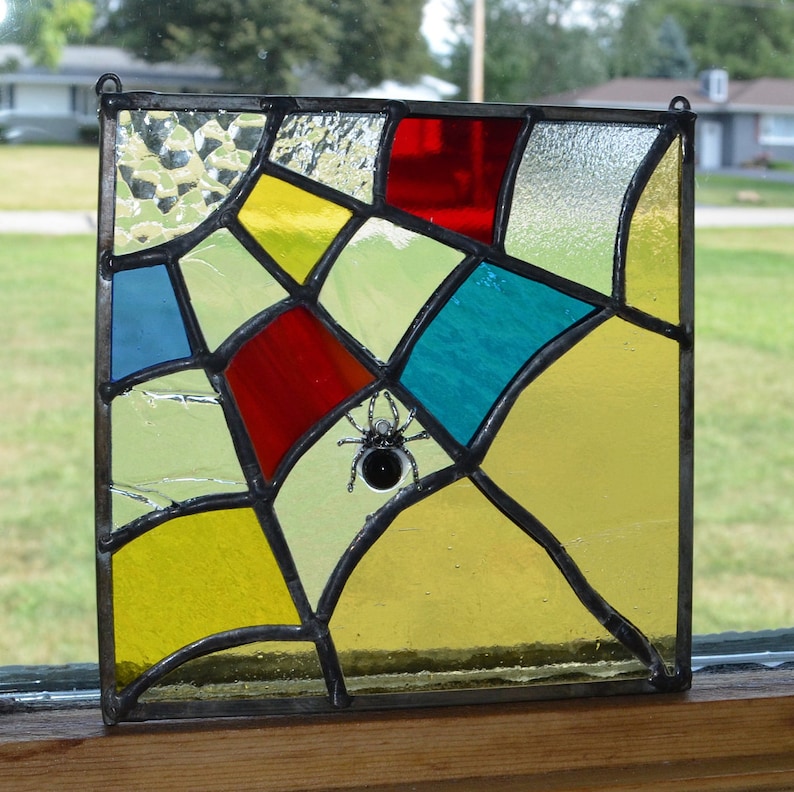 Adorable Handmade Stained Glass Halloween Suncatcher!! Spider and Web