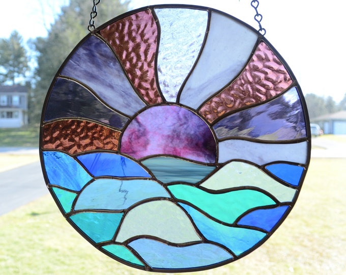 Round Stained Glass Panel Handmade Sun Sunrise Sunset Ocean Beach With