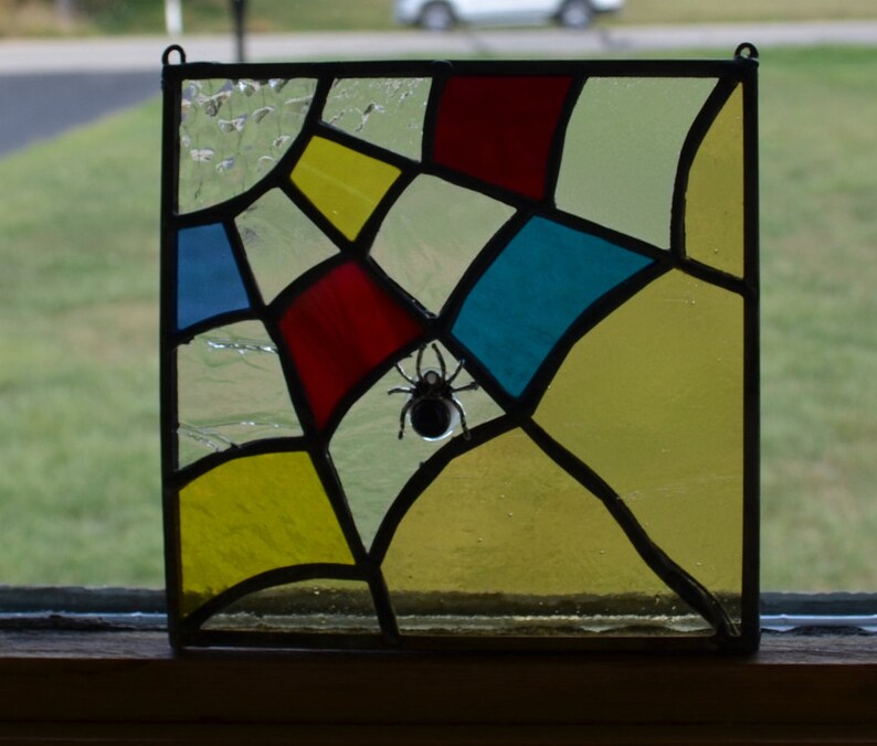 Adorable Handmade Stained Glass Halloween Suncatcher!! Spider and Web