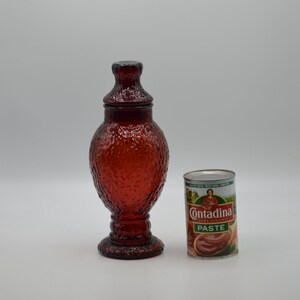 May include: A textured, ruby red glass jar with a lid, next to a can of Contadina tomato paste. The jar has a bulbous body and a textured surface. The can is cylindrical with a label featuring a woman and the words "Contadina Paste."