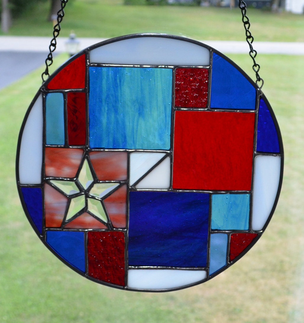 Round Stained Glass Panel Handmade in a patriotic abstract Etsy