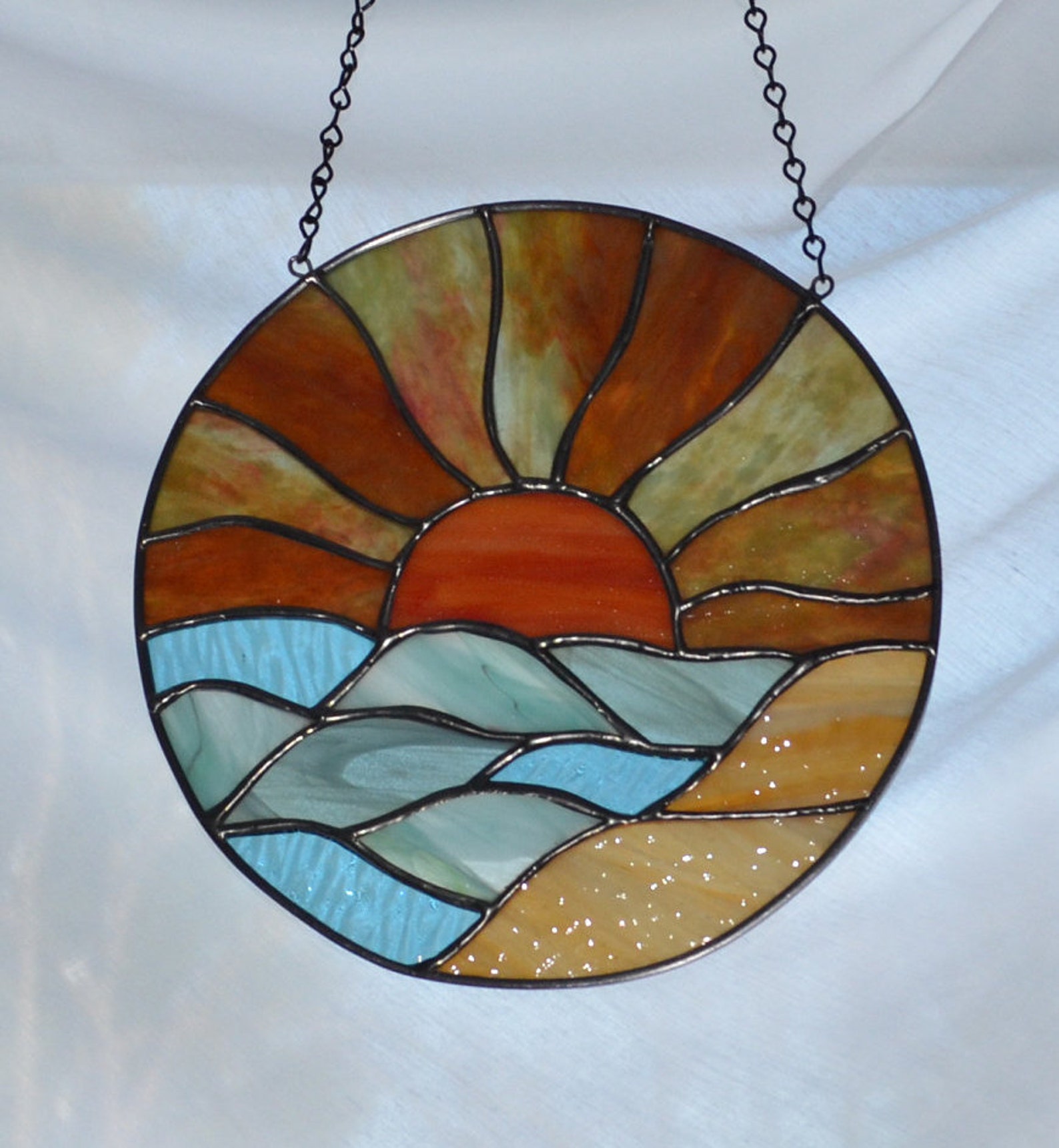 Round Stained Glass Panel Handmade Sun sunrise sunset over the Etsy