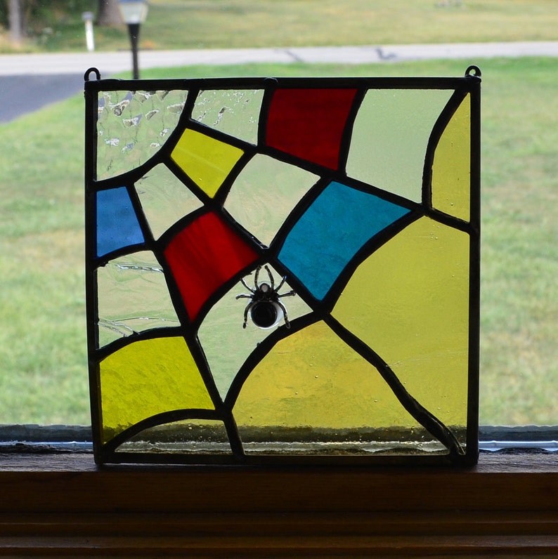 Adorable Handmade Stained Glass Halloween Suncatcher!! Spider and Web