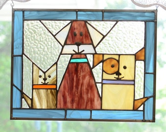 Dog Stained Glass Panel Large handmade Great Gift Veterinarians Vets Groomers Rescue Dog Lovers Mutts Gift Cute Puppies Puppy Mutt Cat Dogs