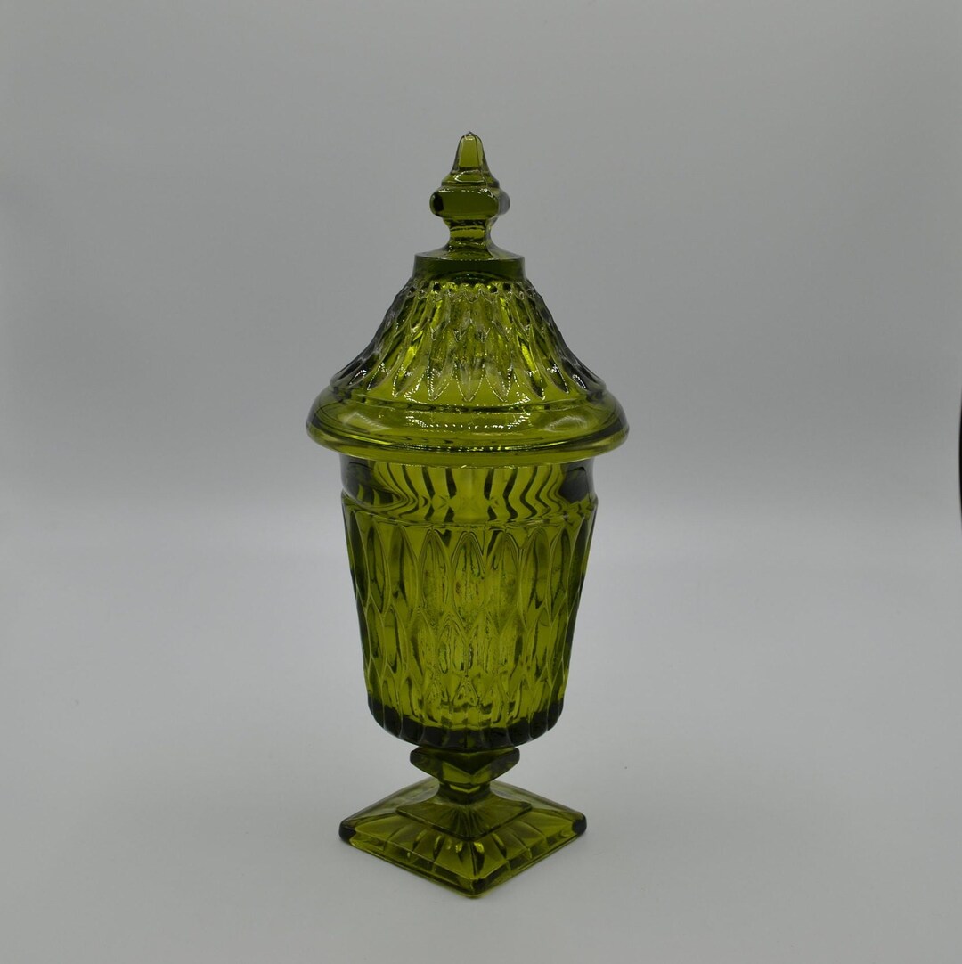 Fancy Vintage Avocado Green Candy Dish Compote Lidded Glass Etsy