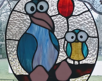 Bird Lovers exotic birds with balloon Large Stained Glass Panel whimsical  cute funny cartoon