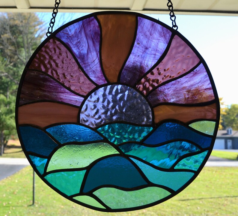 Round Stained Glass Panel Handmade Sun sunrise sunset ocean beach with water waves lake sunburst geometric vacation pink purple shops sky