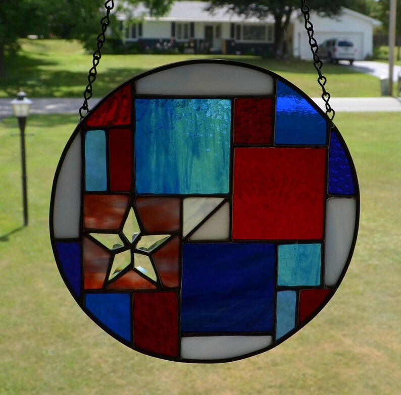 Round Stained Glass Panel Handmade in a patriotic abstract Etsy