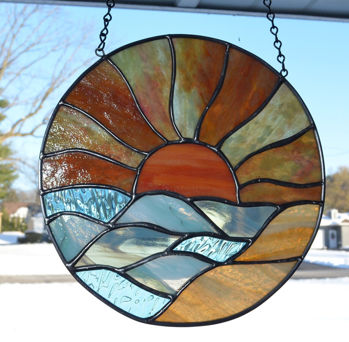 Round Stained Glass Panel Handmade Sun sunrise sunset over the Etsy