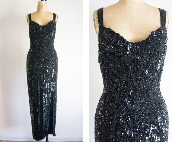 1980s Art Deco Inspired Beaded Black Dress / Vintage / Size